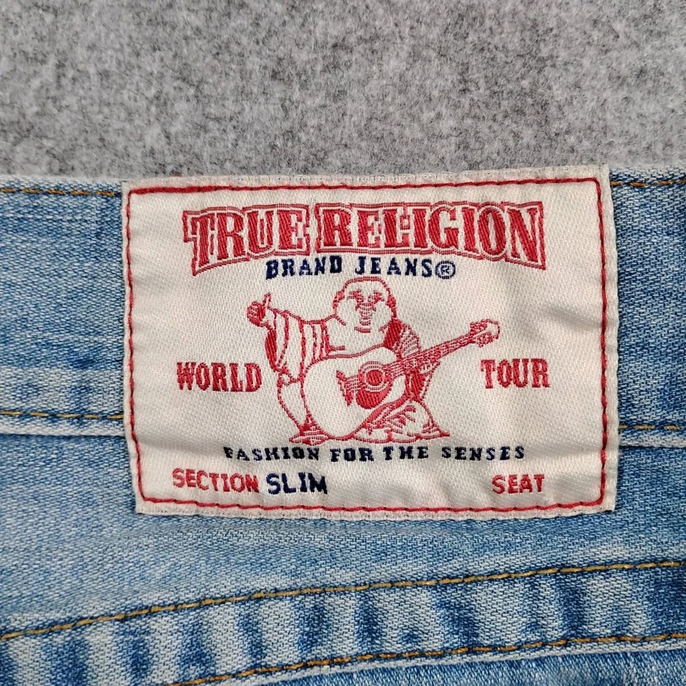 True‎ Religion Slim W Flap Old Multi SN Jeans Mens 36x33 Light Wash Distressed